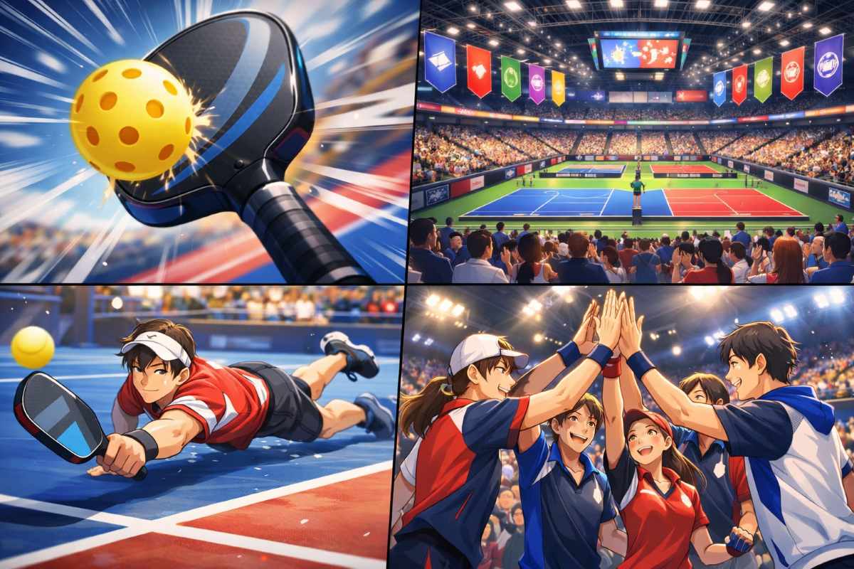 ピックルボールのラケットでボールを打つ瞬間やスタジアムの熱気を描いた4コマ風イラスト