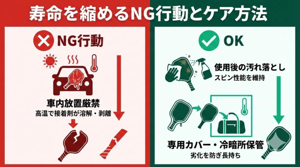 パドルの劣化を早めるNG行動と推奨ケアの対比図。夏の車内放置（接着剤破壊）の禁止と、使用後のクリーナーでの汚れ落とし（スピン維持）の重要性を比較して解説する図解。