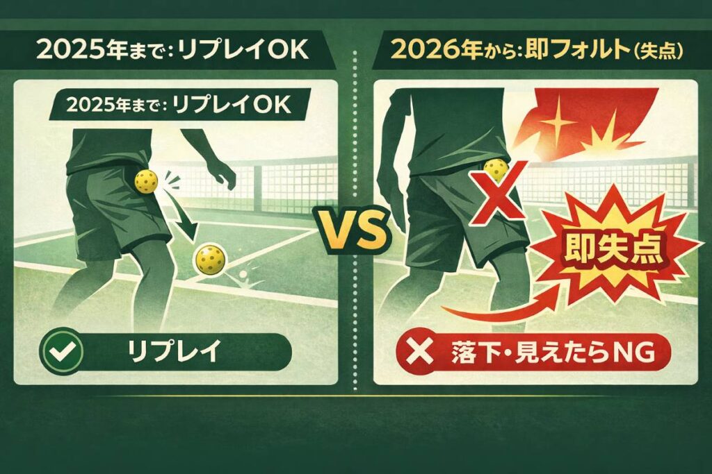 2026年のピックルボール新ルールにおける予備ボール規定の変更点を解説した図解。従来のリプレイ規定が廃止され、ボールの落下や視認が即座にフォルト(失点)となることを対比形式で示している。