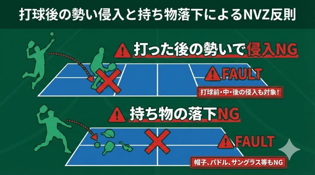 ボレー後の惰性でキッチンに入る反則と持ち物が落ちる反則を示す図解