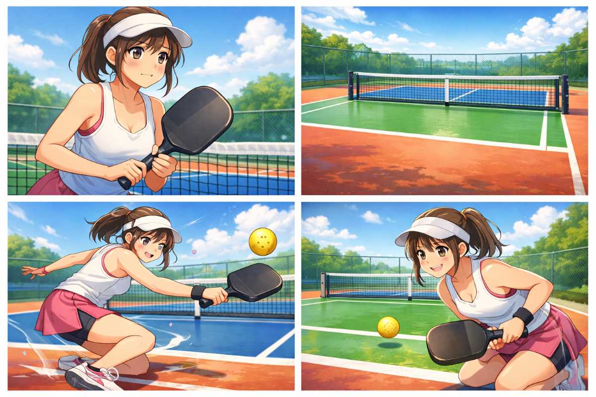 ピックルボールのキッチン（ノンボレーゾーン）ライン際でプレイする女性を描いた4コマ風アニメ調イメージ