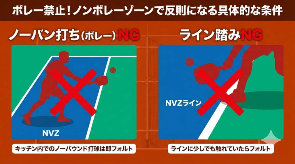 キッチン内でノーバウンドボレーを打つ反則とラインを踏む反則を示すNG図解