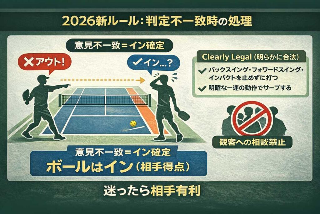 ダブルスにおける判定不一致時のルール変更を図解。パートナー間でイン・アウトの意見が割れた場合は自動的にイン判定(相手得点)となり、観客への相談も禁止されたことを示す。