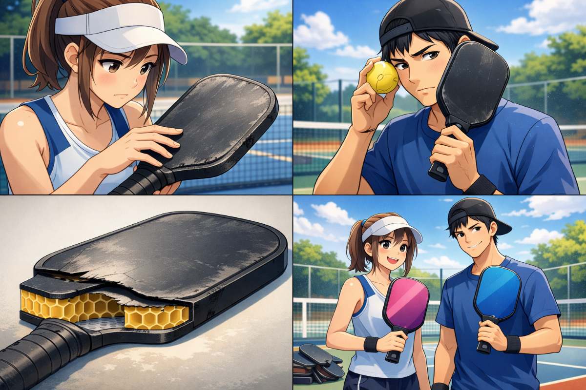 ピックルボールコートで、表面が摩耗したり異オンがする古いパドルを確認する様子と、新品のパドルを手にしたプレイヤーの比較イメージ