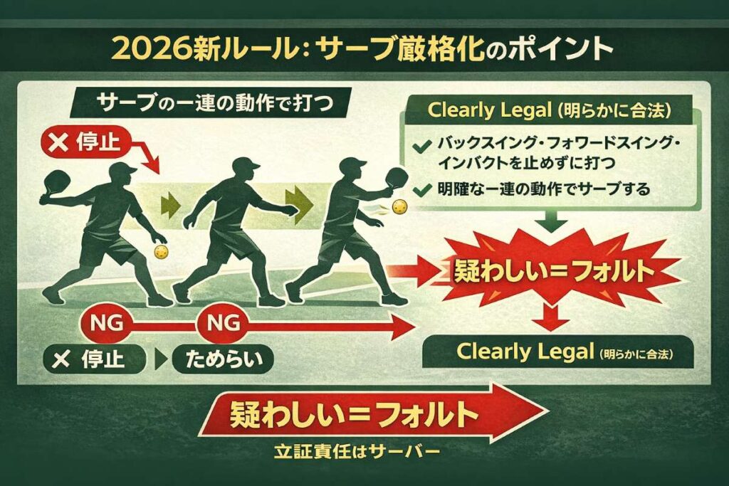2026年新ルールのサーブ厳格化(Clearly Legal)を図解。サーブ動作中の停止やフェイントが禁止され、疑わしい動作は即フォルト判定となることをフローチャートとNGマークで解説。