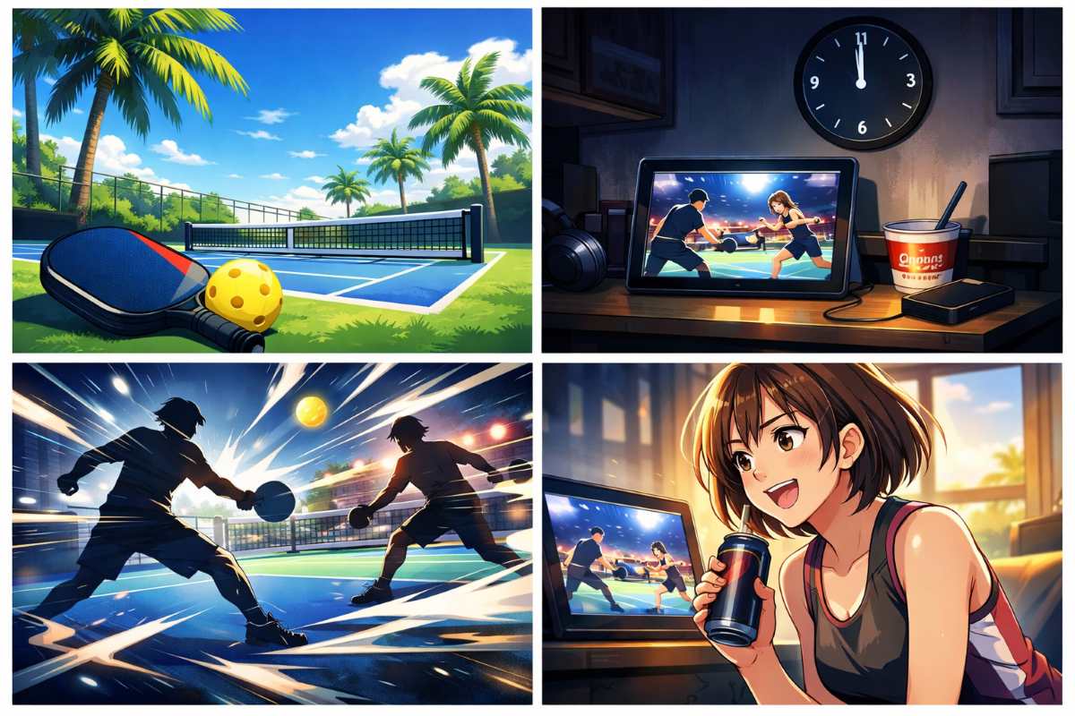 深夜にピックルボールの試合配信を見て盛り上がる女性とフロリダのコートのイメージイラスト