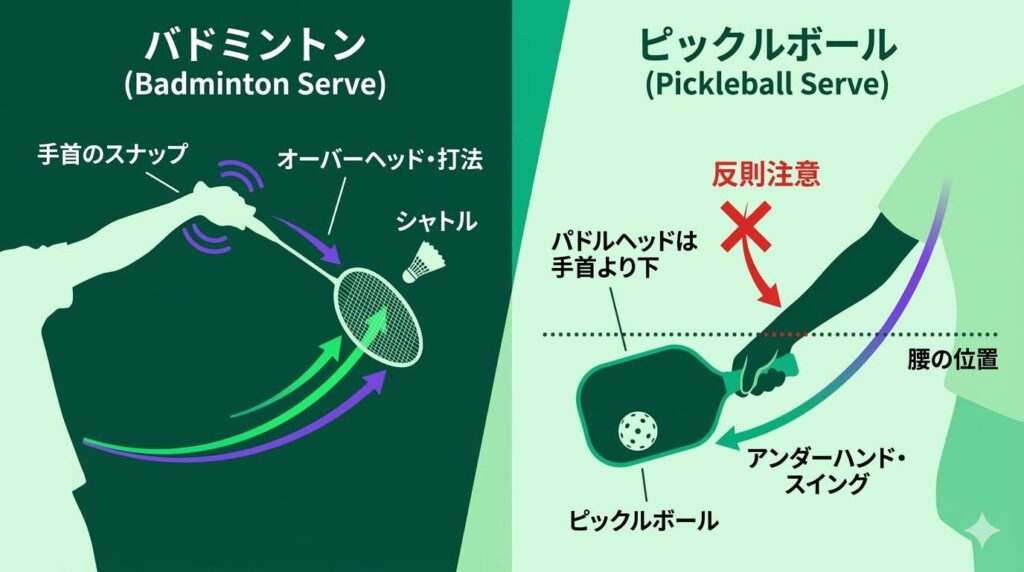 バドミントンとピックルボールのサーブ時の手首とパドル位置のルールの違いを比較した図解