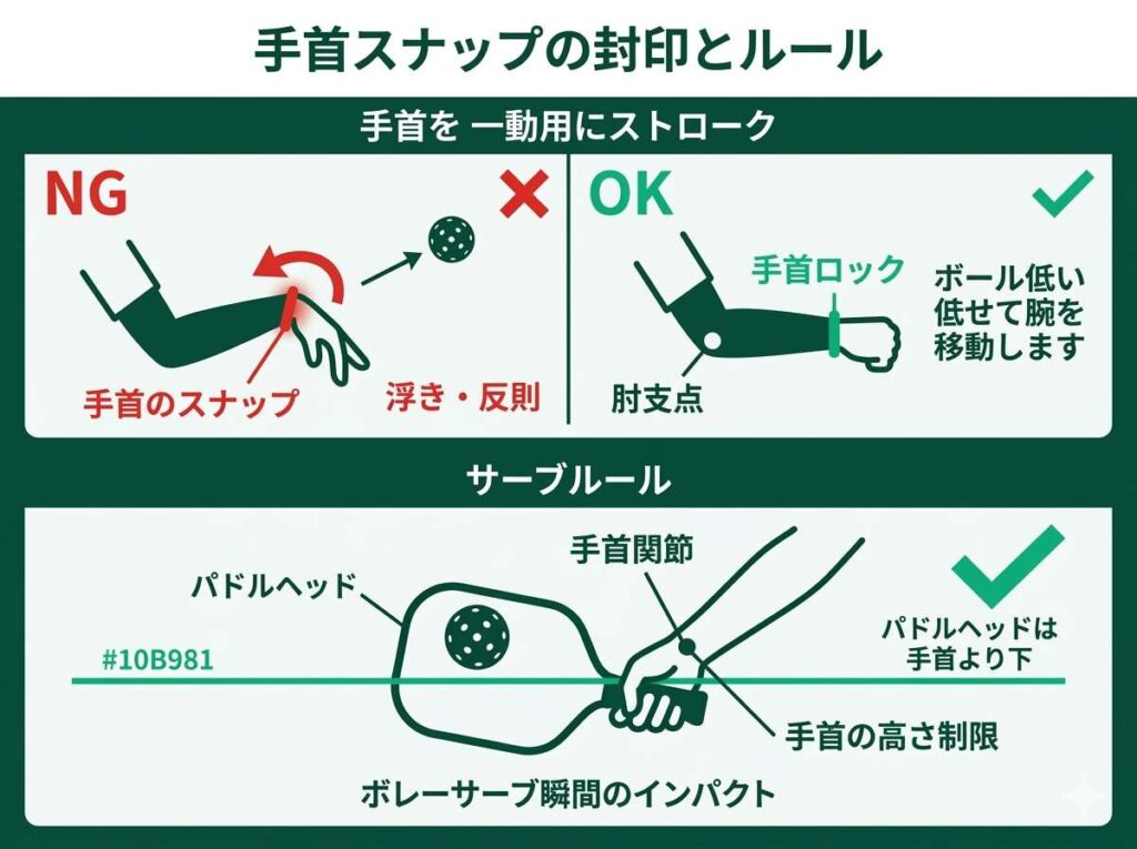 バドミントン特有の手首のスナップ（NG）と、肘を支点にしたコンパクトなスイング（OK）およびサーブの手首の高さ制限の図解
