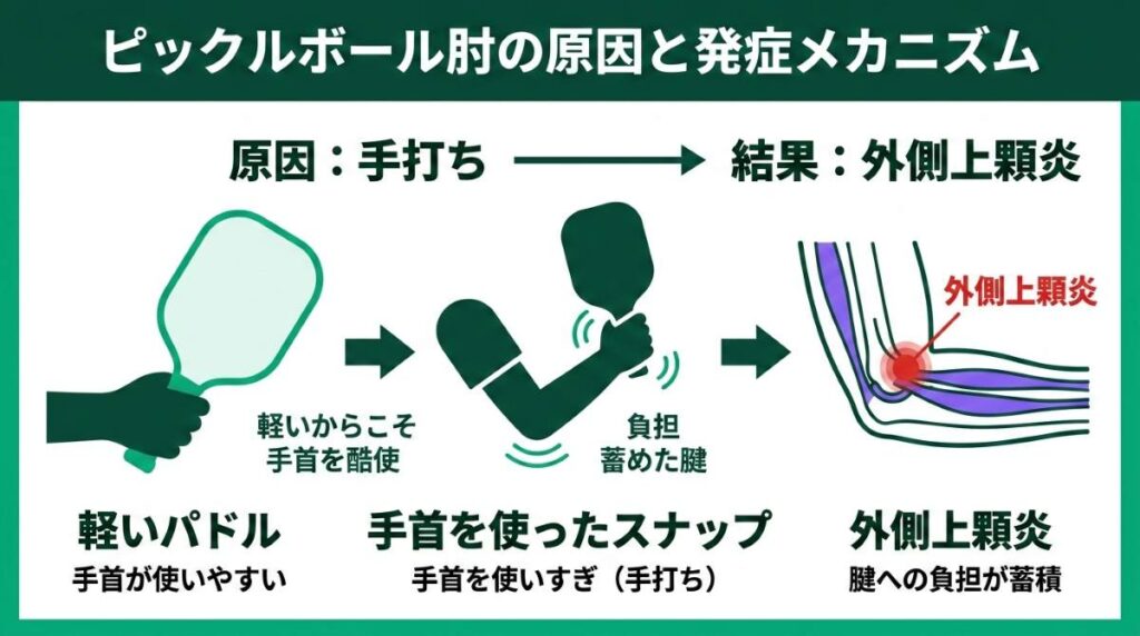 ピックルボール肘（テニス肘）の発症メカニズムを図解。軽いパドルによる手打ち（手首の過度なスナップ）が外側上顆炎を引き起こす構造的要因であることが分かる因果図