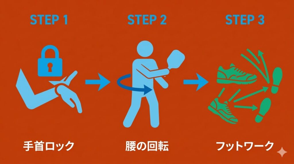 手首を固定し体幹の回転を使ってボールを打つピックルボールの正しいフォーム矯正手順の図解