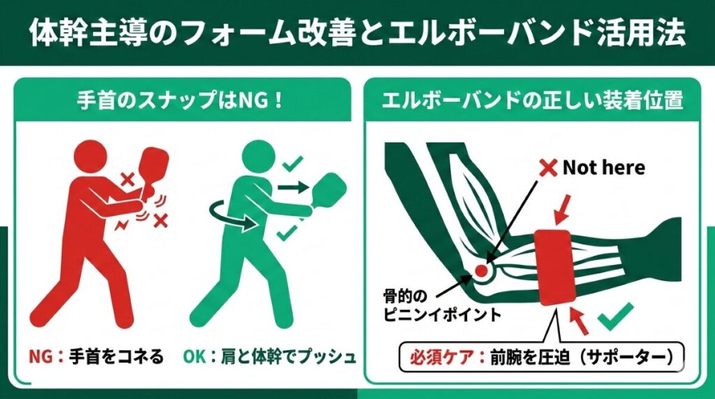 ピックルボールにおける手打ち防止のフォーム改善とセルフケアを図解。手首を固定して体幹で押し出すプッシュ動作とエルボーバンドの正しい装着位置が分かる図