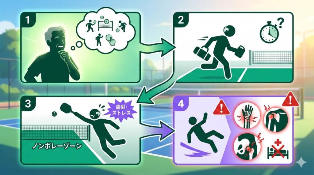 ピックルボールの手軽さが怪我を招く因果関係を図解。手軽さの過信による準備不足が無理なプレーを生み、転倒や骨折に繋がる構造が分かる。