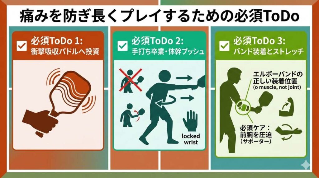 ピックルボールを長く楽しむための予防策まとめ図解。パドル選び、フォーム改善、セルフケアの3つの必須ToDoチェックリストが分かる図