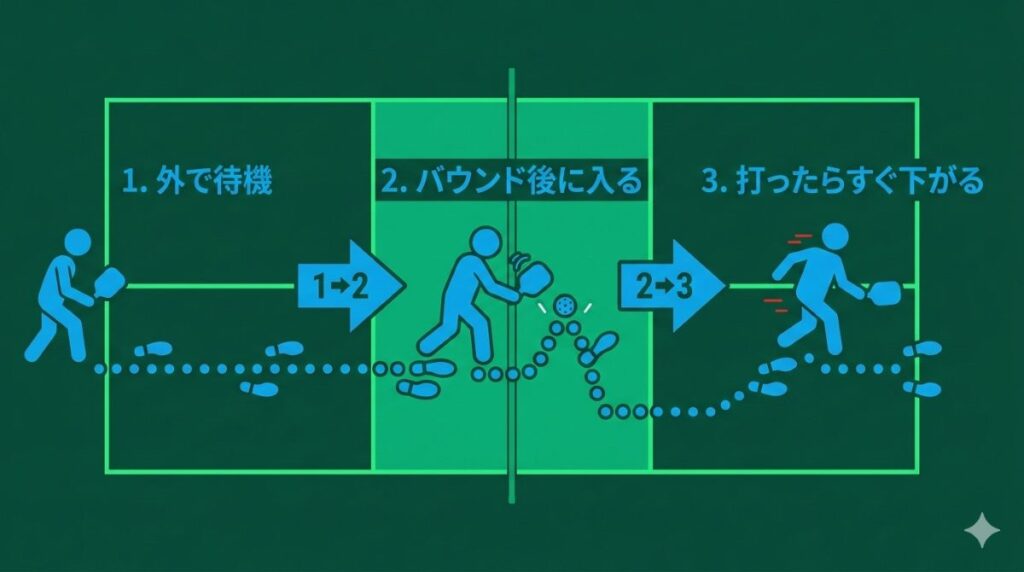 ピックルボールのキッチン周りでの安全な立ち回りを図解。ワンバウンド後の侵入から、打った直後の素早いポジションリセットまでのステップワークが分かるフロー図。