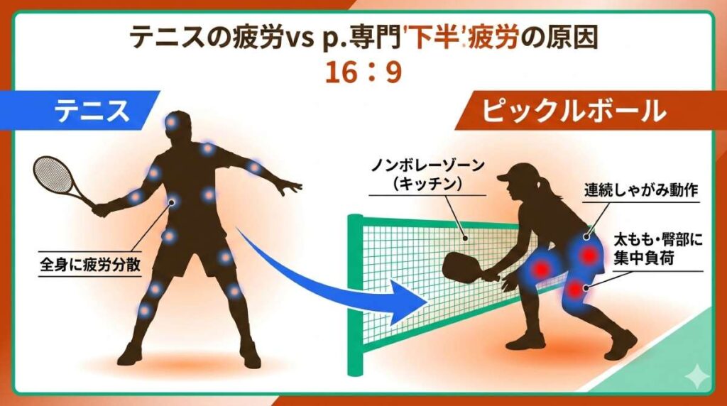 テニスとピックルボールの疲労箇所の違いを図解。テニスが全身に疲労が分散するのに対し、ピックルボールはキッチンでの低い姿勢により下半身に負荷が集中することが分かる。