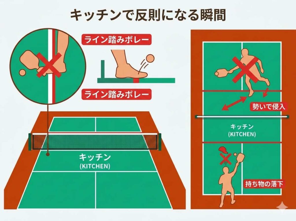 ピックルボールのキッチンで反則（フォルト）になる主な瞬間を図解。ラインを踏んでのボレーや打った後の勢いでの侵入など、足の位置に関する厳密なルールが分かる図。