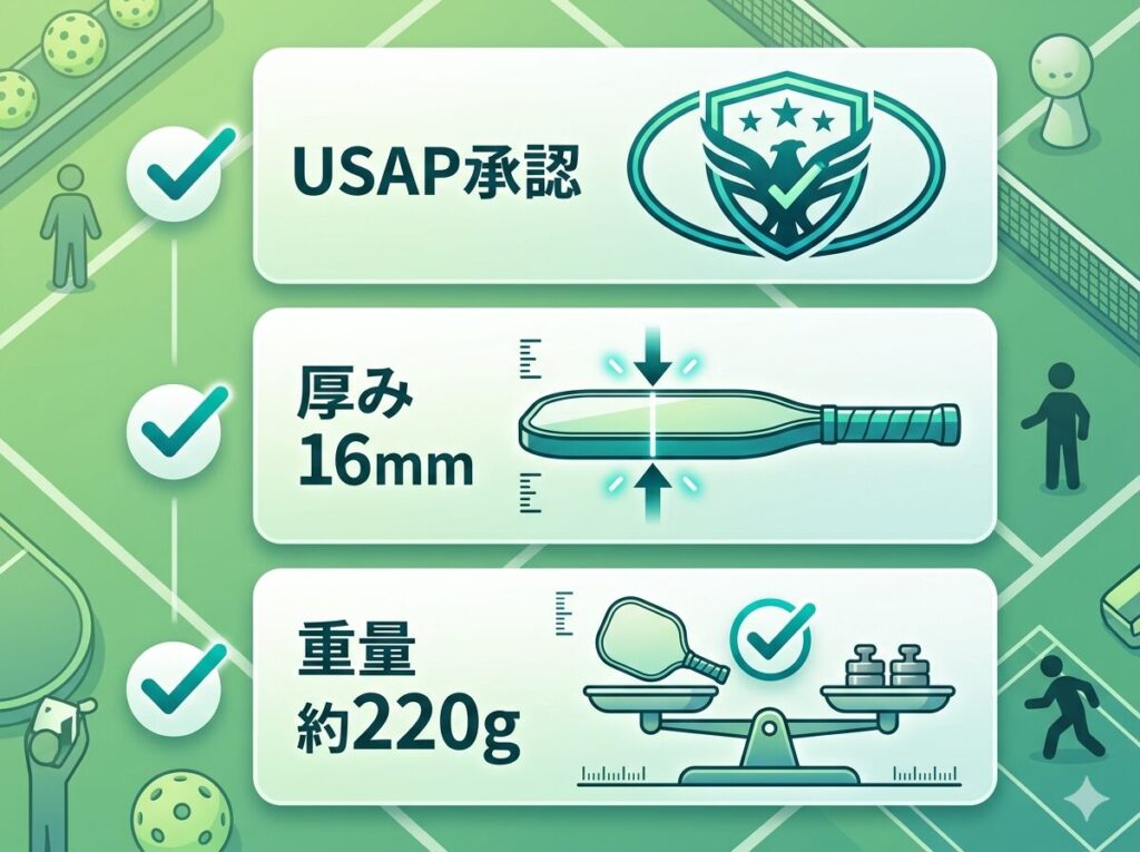 ピックルボール初心者がパドル選びで失敗しないための3つの必須条件（USAP承認・厚み16mm・重量220g前後）をまとめたチェックリスト形式の図解