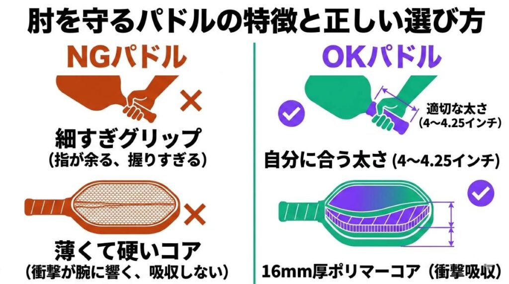 肘を痛めないピックルボールパドルの選び方を図解。適切なグリップサイズ（4〜4.25インチ）と衝撃吸収に優れた16mm厚ポリマーコアの特徴が比較で分かる図