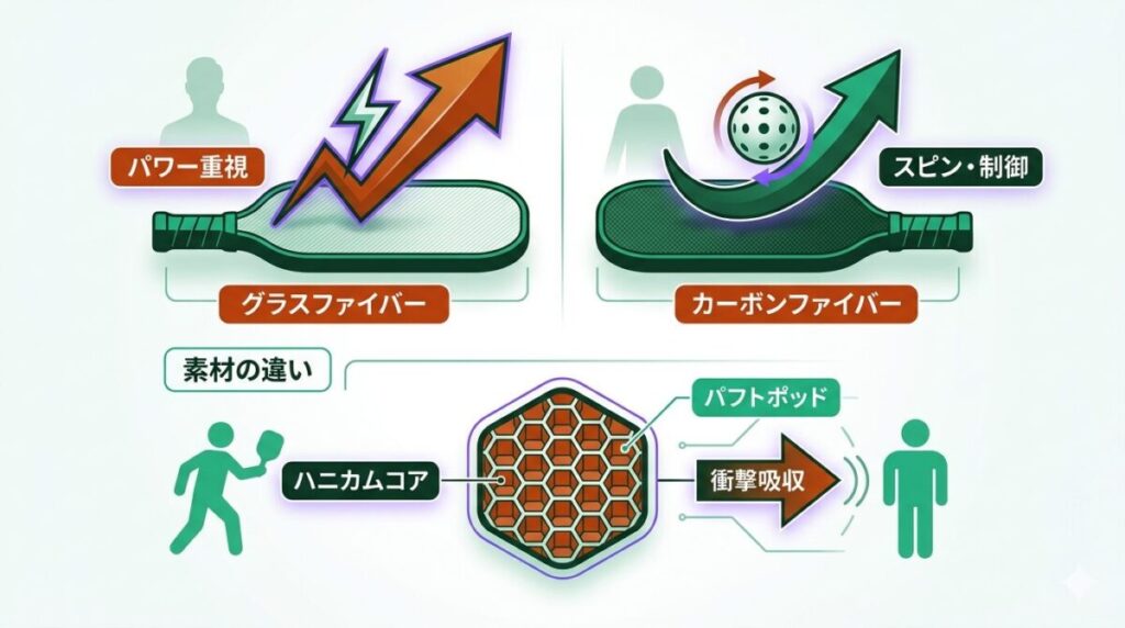 パドルの表面素材（グラスファイバーとカーボンファイバー）の反発力とスピン性能の違い、および内部ハニカムコアの衝撃吸収構造を比較した解説図