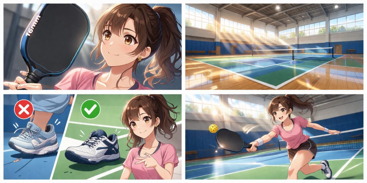 厚さ16mmのパドルを手に持ち、専用のコートシューズを履いて体育館で元気にプレーする女性のイメージ