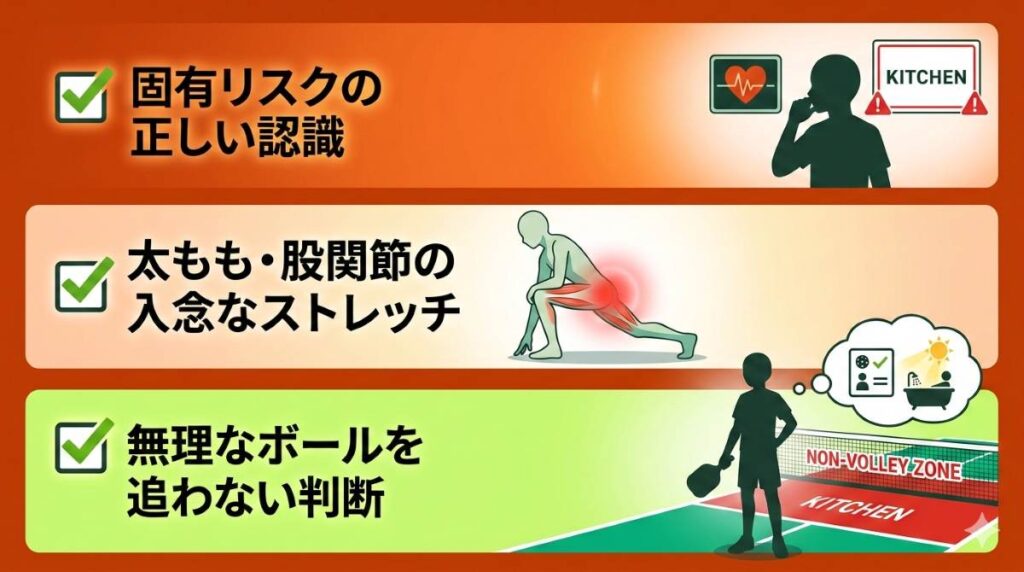 ピックルボールを安全にプレーするためのToDoチェックリスト図解。プレー前のストレッチやリスク認識など、怪我を防ぐための必須アクションが分かる。
