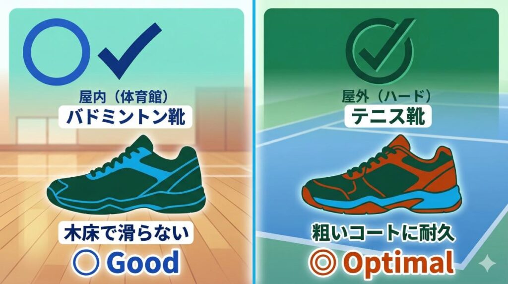 屋内と屋外のピックルボールコートで代用できるシューズ（バドミントン・テニス）の違いが一目でわかる比較図解