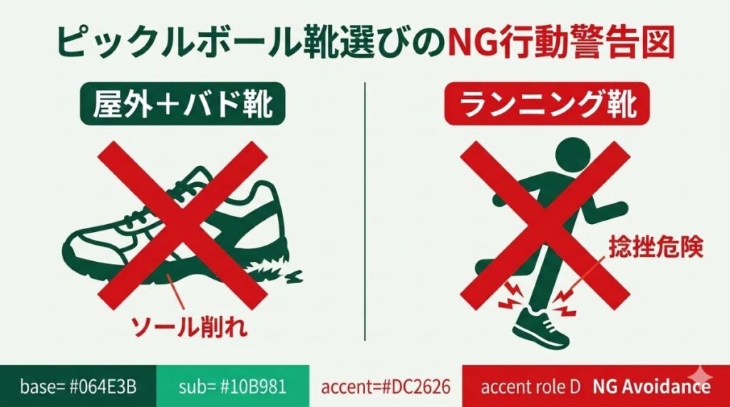 屋外でバドミントンシューズを履くとソールが削れる悲劇と、ランニングシューズで捻挫するリスクを示すNG行動警告図