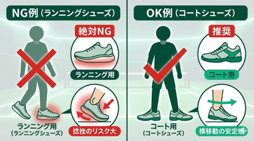 ランニングシューズとコートシューズの構造的な違い（ソールの厚みと安定性）と、横移動時の捻挫リスクを比較した安全ガイド図解