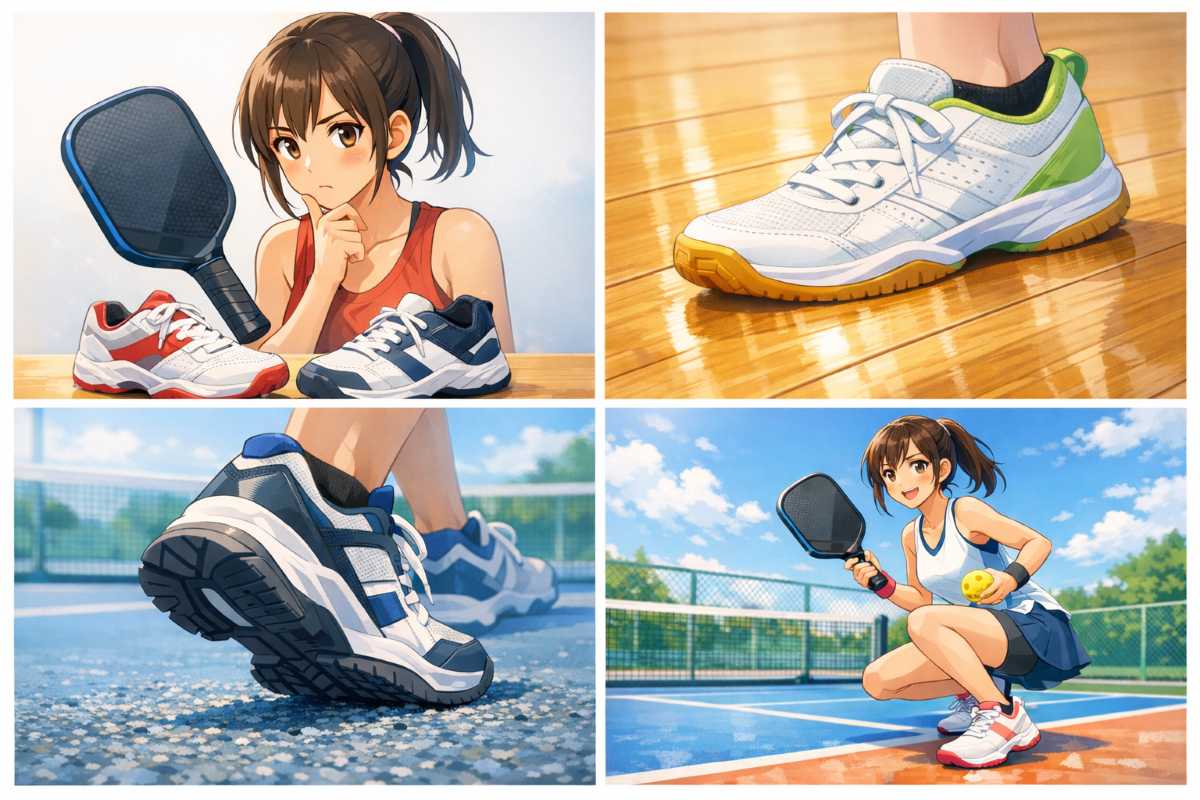 屋内コートと屋外コートでピックルボールのシューズを履き分けているスポーティな女性のイメージ