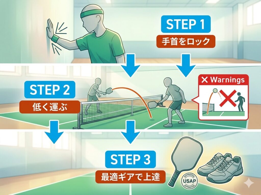 初心者がボールを浮かさないために必要な「手首の固定」感覚を掴むためのドリル（壁打ち）と推奨ギアへのステップを示すフロー図