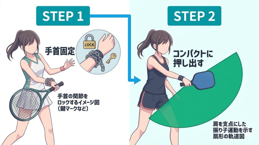 テニス経験者が陥りやすい「手首をこねて回転をかける」動きを封印し、「肩を支点に腕全体で押し出す」ための2ステップ矯正法（手首固定・コンパクト化）のフローチャート