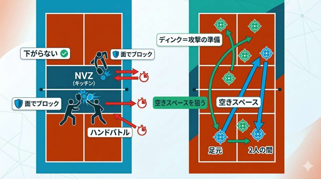 ネット前でのハンドバトルにおけるコンパクトなカウンターと、ディンク戦から空きスペースを狙う戦術の俯瞰図