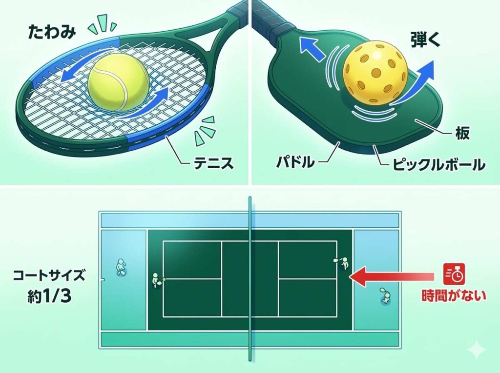 テニスラケットとピックルボールパドルの物理的な違い（ガットのたわみと硬い板の弾き）とコートサイズの比較図