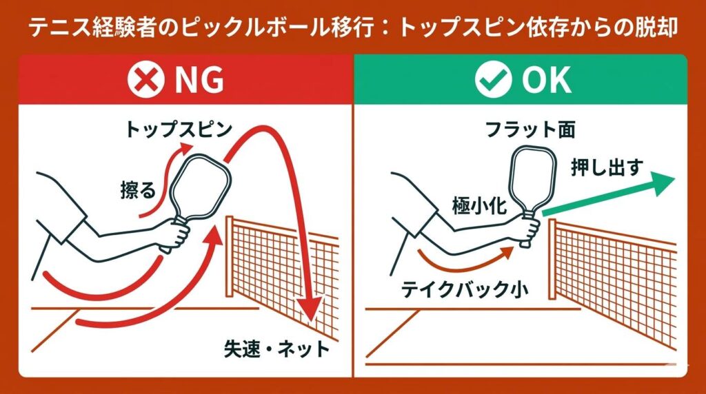 トップスピン（NG）とフラットな押し出しボレー（OK）のラケット面の作り方とスイング軌道の比較図