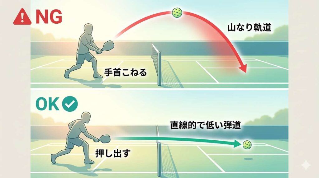 チャンスボールで焦った時に無意識に出る「テニス式の手首のスナップ」をNGとし、ピックルボールの理想である「ネットすれすれを通る直線的で低い弾道」をOKとする打球軌道のイメージ比較図