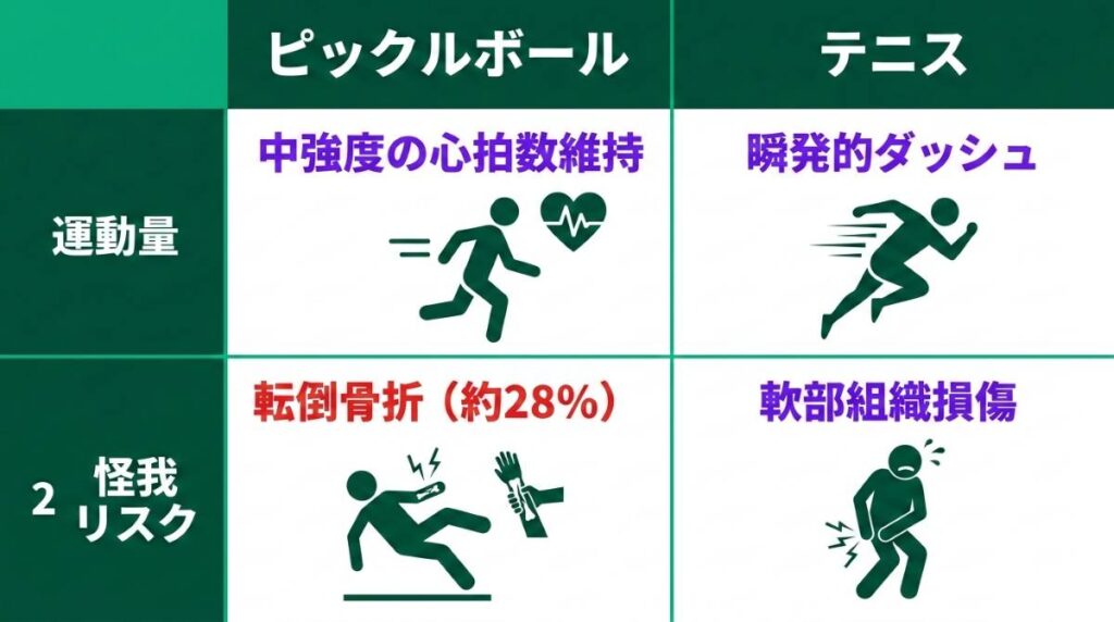 ピックルボールとテニスの運動強度と怪我の種類を比較したマトリクス図解。ピックルボールは転倒骨折が多く、テニスは軟部組織損傷が多いことが分かる。