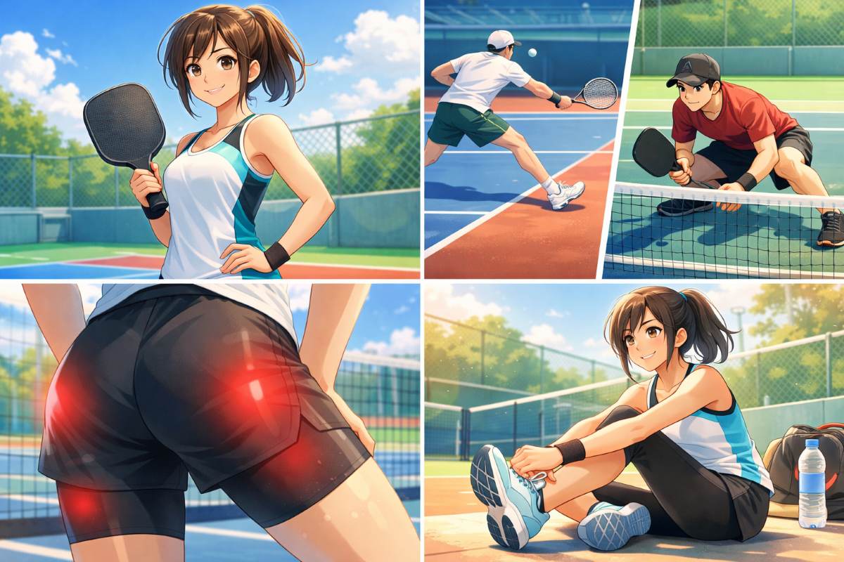 ピックルボールとテニスのプレースタイルの違いや特有の疲労箇所、安全にプレーするためのストレッチを描いたイメージ