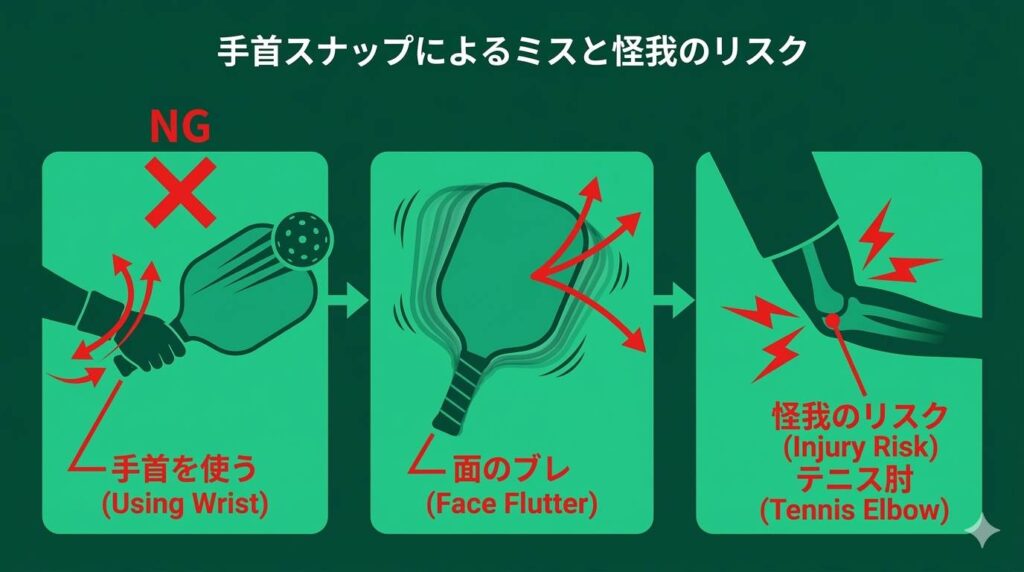 ピックルボールのラリー中に手首のスナップを使うことで起きる面のブレとテニス肘のリスクを示す図解