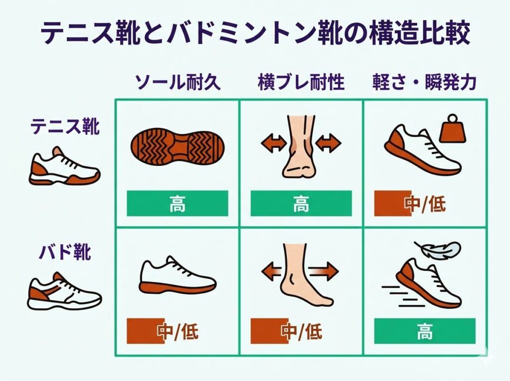 テニスシューズとバドミントンシューズの構造的な違い（重量、ソール、クッション性、横移動耐性）を示す比較マトリクス