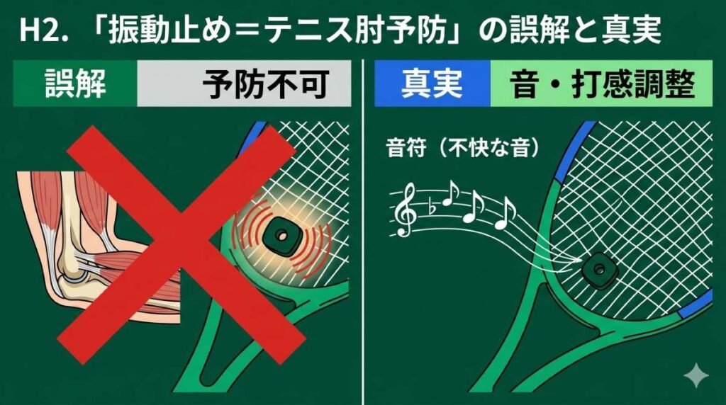 テニスの振動止めが直接的なテニス肘予防にならない理由と、音や打球感の調整という本当の役割を図解で解説