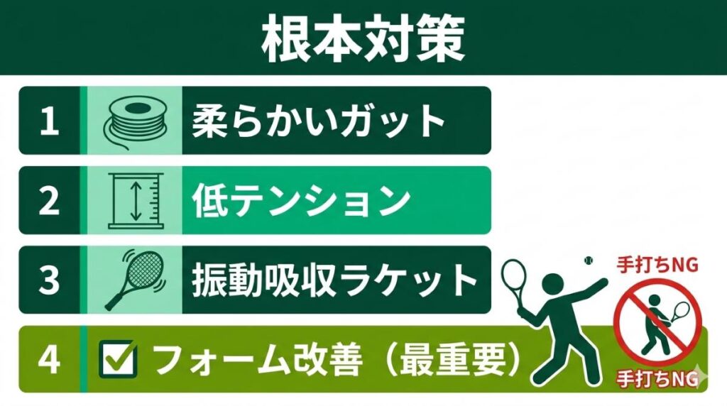テニス肘を根本的に防ぐための4つの対策（柔らかいガット、低テンション、振動吸収ラケット、手打ちフォームの改善）をまとめたリスト