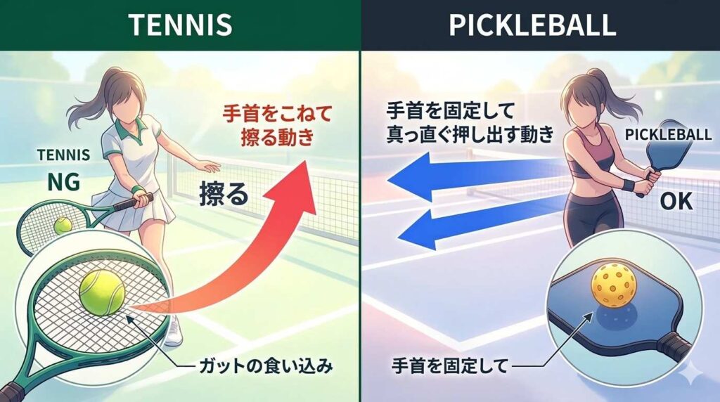 テニスのトップスピンで使われる「手首をこねて擦るスイング」と、ピックルボールで必要な「手首を固定して真っ直ぐ押し出すスイング」の違いをパドルの構造とともに解説した比較図解