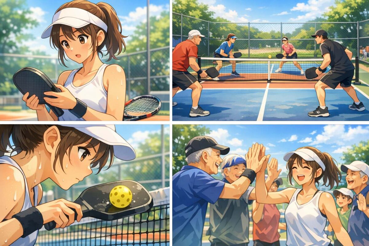 ラケットをパドルに持ち替えてネット際で緩やかな球を打ち合うプレーヤーと、試合後に多様な年代の仲間たちと笑顔でハイタッチを交わすコート風景のイメージ