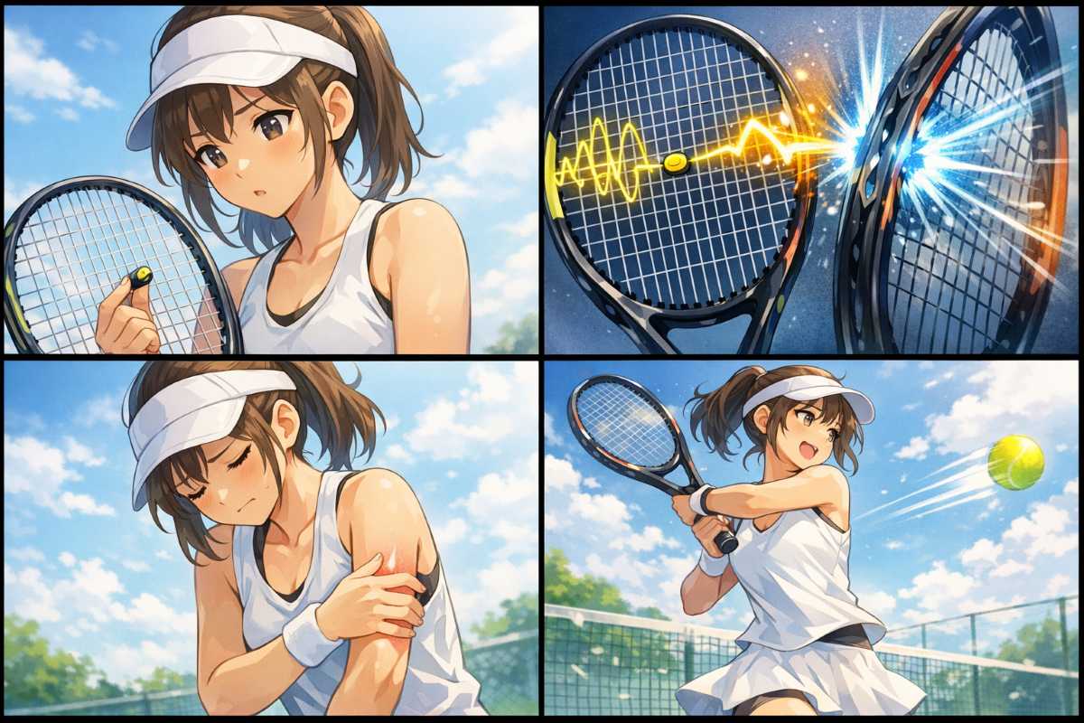テニスラケットの振動止めを見つめる女性、フレームへの衝撃、肘の痛み、そして正しいフォームでボールを打ち抜く姿を描いた4コマ風イメージ